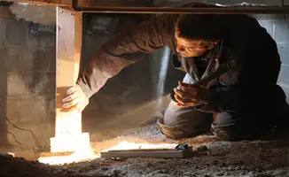 A professional inspecting wooden beams under the floor of a structure in Pueblo, CO